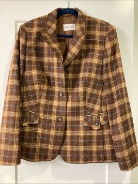 Basler Brown Plaid 100% Wool Blazer with Blue Accents